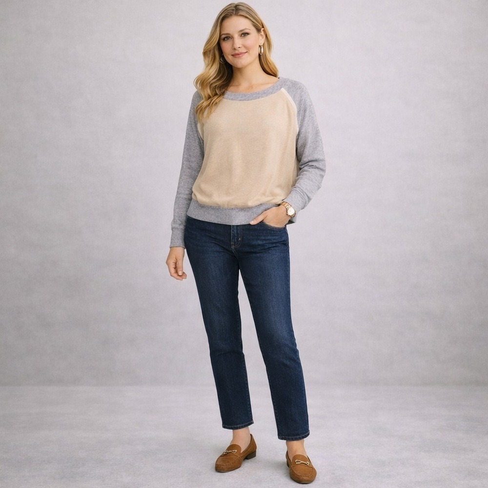 SUNDANCE 100% Silk Cotton Beige & Gray Raglan Sleeve Long‎ Sleeve Top Women L